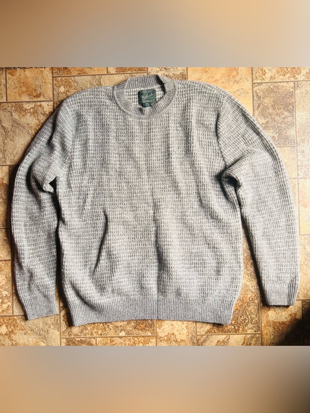 Vintage Woolrich Men’s Gray/Cream Healthered Waffleknit 100% Wool Sweater  XL